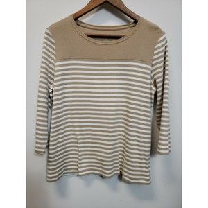 Kim Rogers Blouse Size XL Beige white Stretch Popover 3/4 Sleeves Cotton